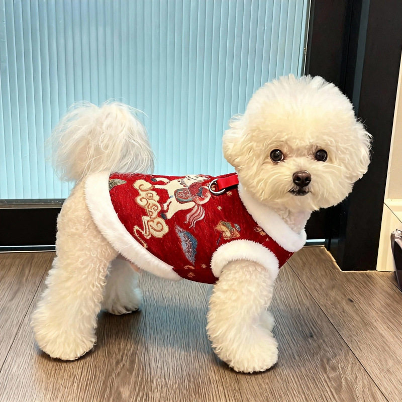 法国JoyPaw狗狗新年衣服冬季唐装保暖毛绒加厚背心小型犬泰迪比熊