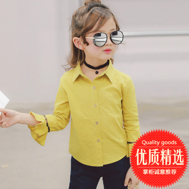 2025春秋新款儿童装女童韩版宝宝黄暗格百搭荷叶边喇叭长袖衬衫衣