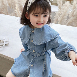 儿童装女童2026春秋新款宝宝娃娃领大翻领系带牛仔长袖衬衫连衣裙