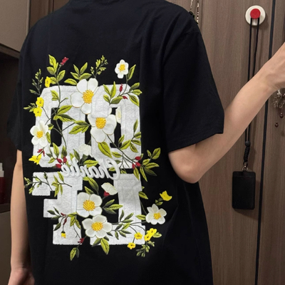 美式高街黑色新中式立体花卉刺绣短袖T恤女夏情侣潮牌学院风上衣