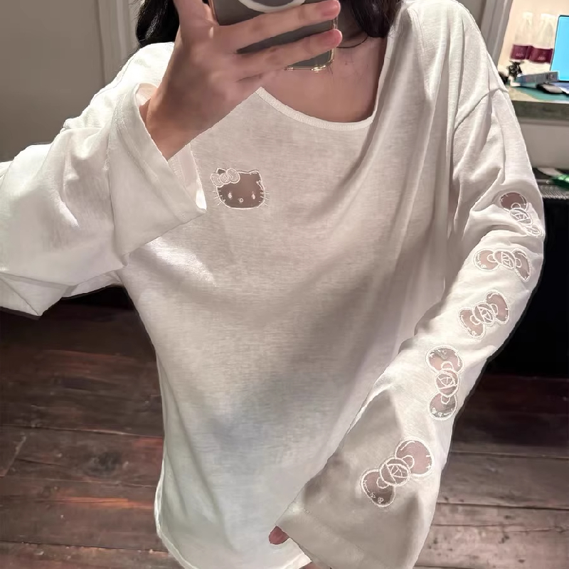 镂空刺绣kitty猫长袖t恤女夏季设计感小众慵懒风宽松防晒罩衫上衣