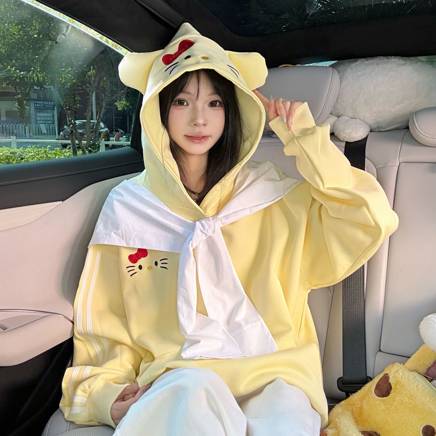 国潮美式可爱kt猫披肩连帽卫衣女春秋新款设计感小众宽松刺绣外套