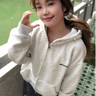 复古重磅珍珠钉珠开衫 美式 外套男女字母刺绣潮牌休闲连帽情侣卫衣