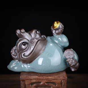 饰陶瓷茶具 哥窑冰裂可养三足金蟾茶宠高档摆件精品茶玩茶盘茶台装
