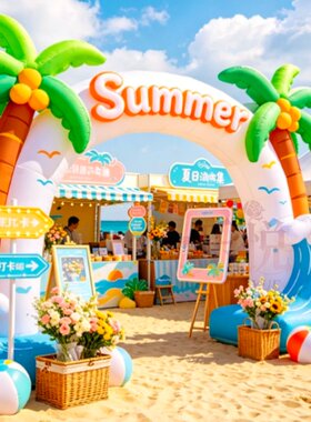 定制椰子树海浪冲浪板海边沙滩风拱门充气气模商场户外活动美陈装