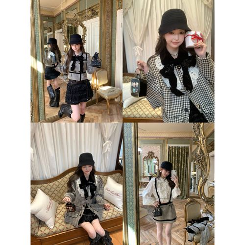 F boutique 重工高奢千鸟格丝绒复古小香套装
