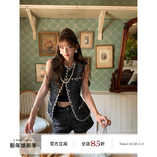 套装 短裤 boutique「独家自线」手工水钻花边小香粗花呢马甲