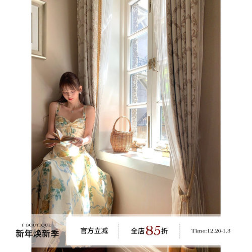 F boutique「house*cb黄玫瑰」60支高精水洗棉印花定染蕾丝连衣裙