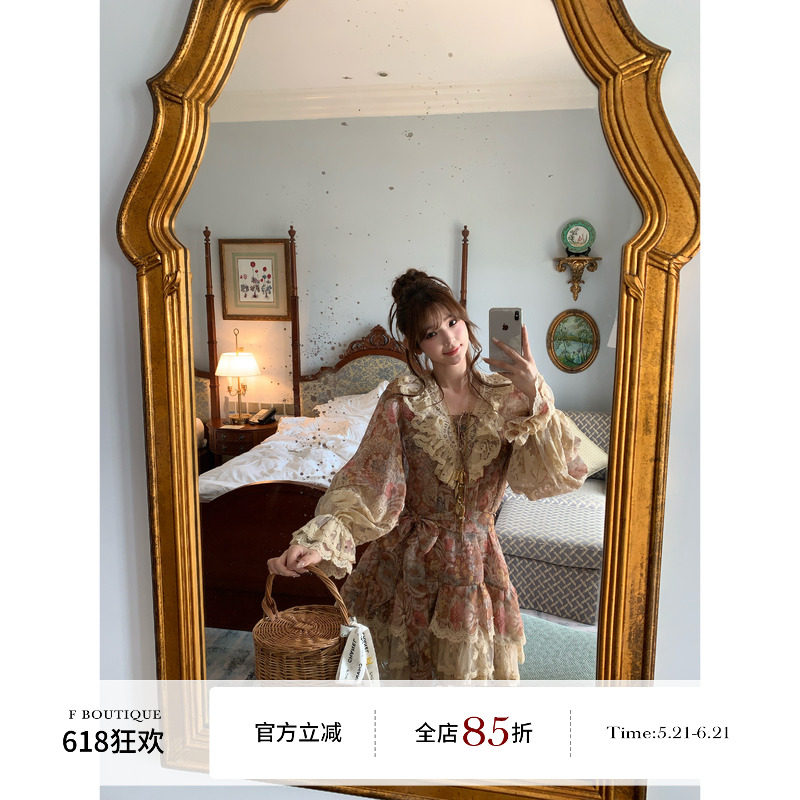 F boutique「佩斯利」zim复古印花蕾丝拼接泡泡袖连衣裙娜扎同款