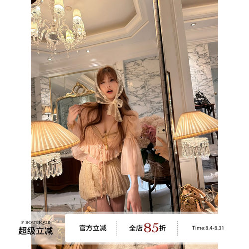 F boutique「柔雾桃屿」复古宫廷风雪纺皱蕾丝拼接定染抽绳上衣