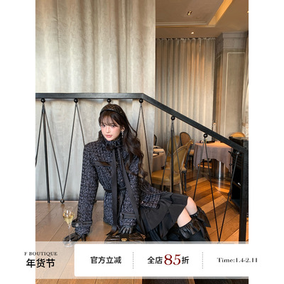 F boutique「卢森堡」25k蝴蝶结绑带加厚羊毛小香外套+不规则半裙