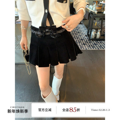 F boutique 重工 全手工钉珠蝴蝶结压褶刺绣高腰A字丝绒裙裤