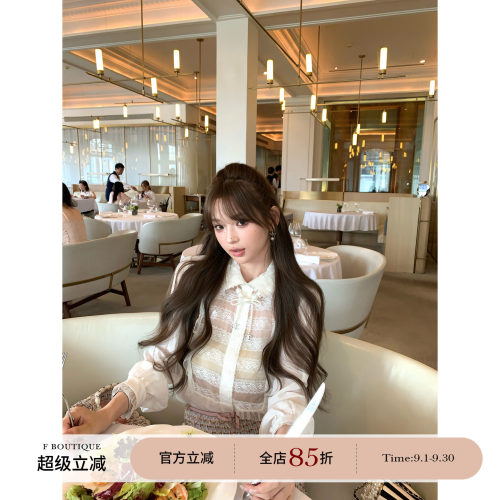 F boutique「白羽蕾丝」100%人丝镂空真丝木耳边翻领富家女衬衫