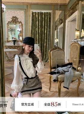 F boutique 重工钉珠蝴蝶结胸针蕾丝拼接泡泡袖衬衫