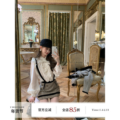 F boutique 重工钉珠蝴蝶结胸针蕾丝拼接泡泡袖衬衫