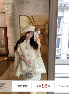 F boutique 手工蝴蝶结绑带100%澳毛双面尼狐狸毛斗篷大衣