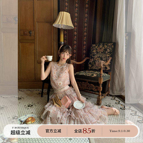 繁花格纹手工立体花朵衬衫套装