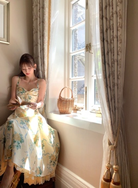 F boutique「house*cb黄玫瑰」60支高精水洗棉印花定染蕾丝连衣裙