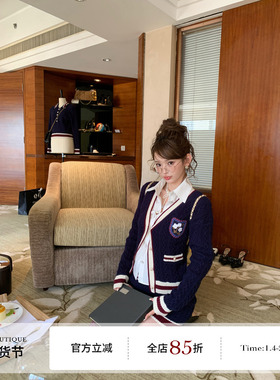 F boutique 小香中古徽章刺绣山羊绒针织开衫+polo套头衫+半裙