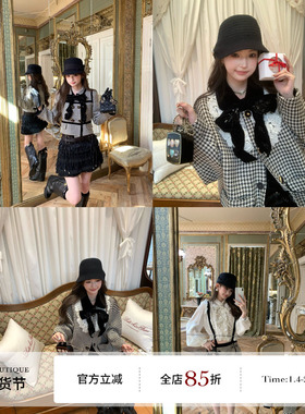 F boutique 重工高奢千鸟格丝绒复古小香套装