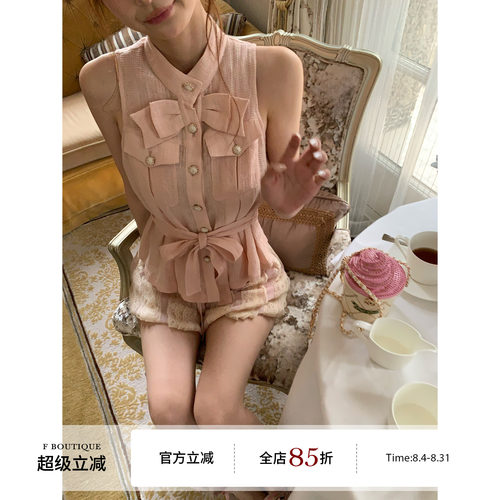 F boutique「桃桃奶芙」100%亚麻华夫格小香蝴蝶结无袖圆领衬衫