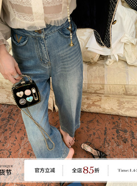 F boutique「奢牌单宁」早秋水洗蓝高腰V字金属扣直筒牛仔长裤