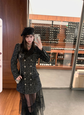 1/16 20:00「康朋街」25n yb开版黑色格纹粗花呢翻领小香长外套