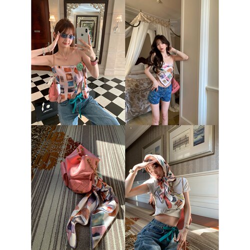 F Boutique【like jennie】小香彩色邮票印花开叉吊带+丝巾