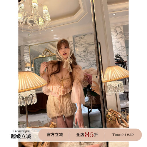 F boutique「柔雾桃屿」复古宫廷风雪纺皱蕾丝拼接定染抽绳上衣