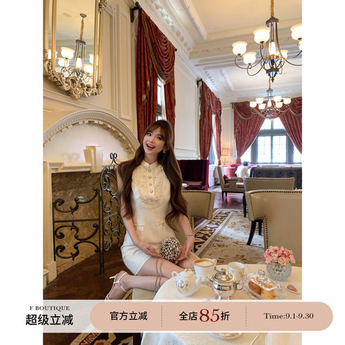 F boutique「科莫湖2.0」极繁重工水溶蕾丝珠片刺绣领小香连衣裙