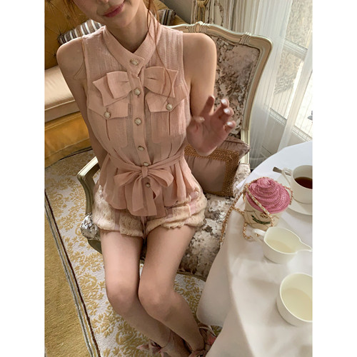 F boutique「桃桃奶芙」100%亚麻华夫格小香蝴蝶结无袖圆领衬衫