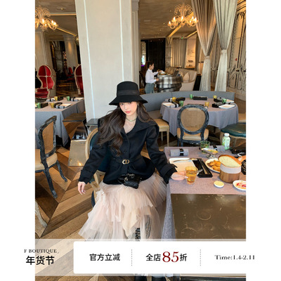 F boutique「高智呢大衣」D*or海军翻领80羊毛黑色外套