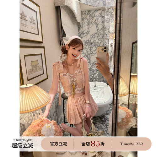 F boutique「Ch1oe2w+」yb定制刺绣蕾丝直喷印花绑带吊带+灯笼裤