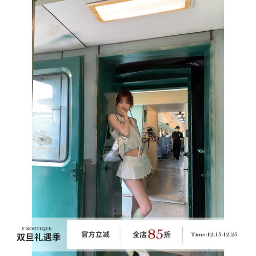 F Boutique 芭蕾少女 纯欲风高腰显瘦绑带百褶裙半身mini裙裤