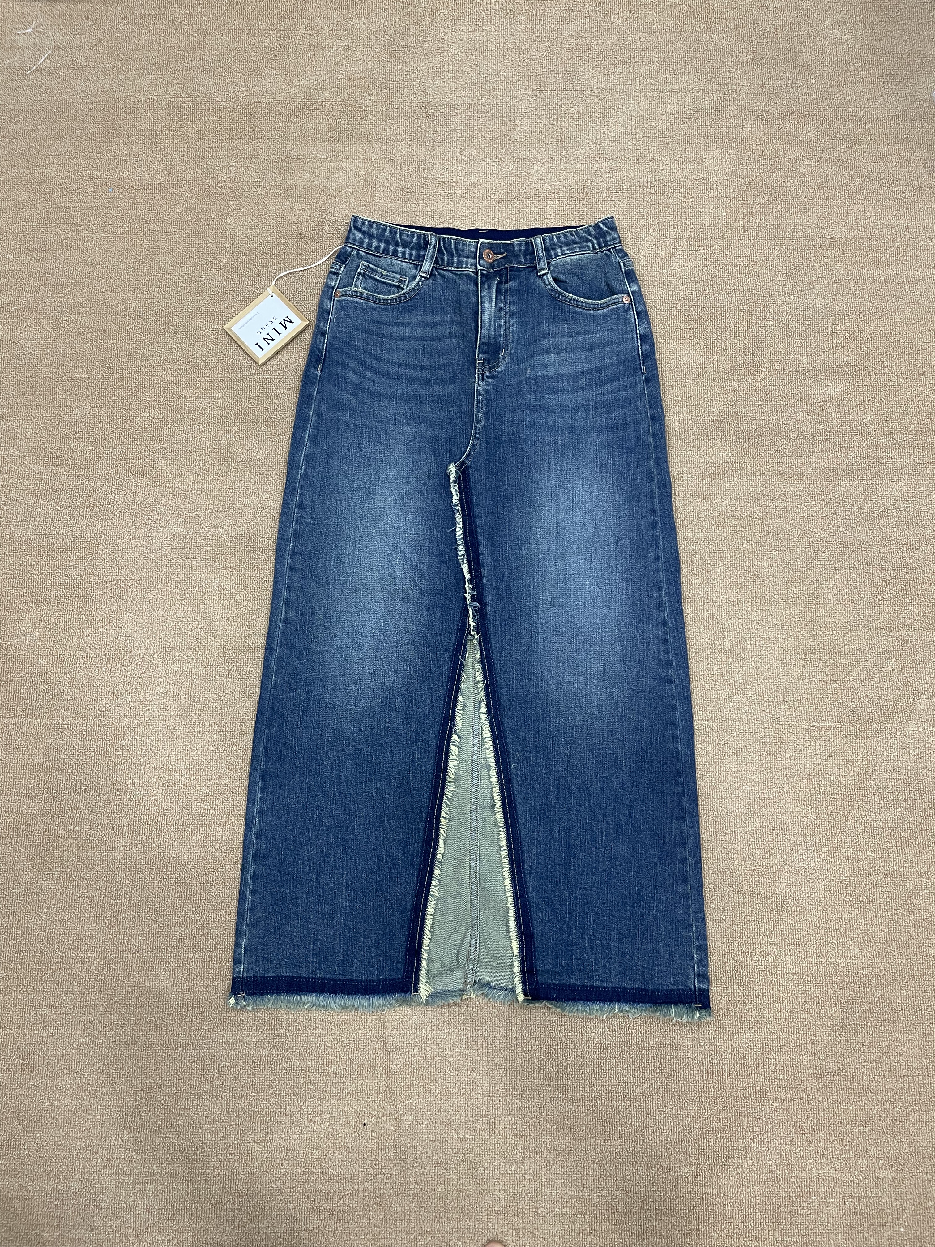 韩国MINIBRAND蓝色a字牛仔半身裙女高腰显瘦前开叉长款牛仔