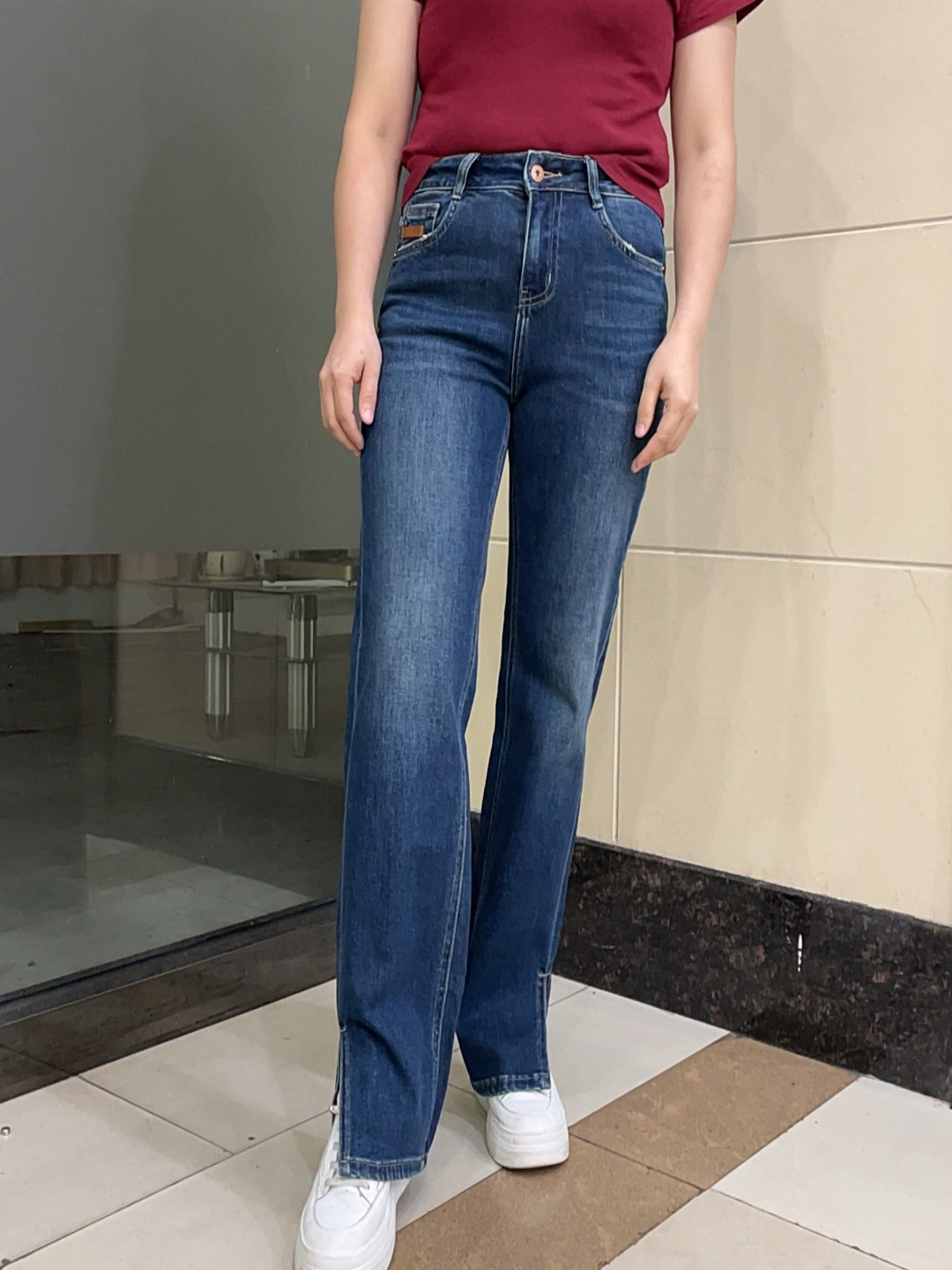 韩国MiniBrand 蓝色开叉直筒显瘦显高显瘦腿直修长百搭牛仔裤7832