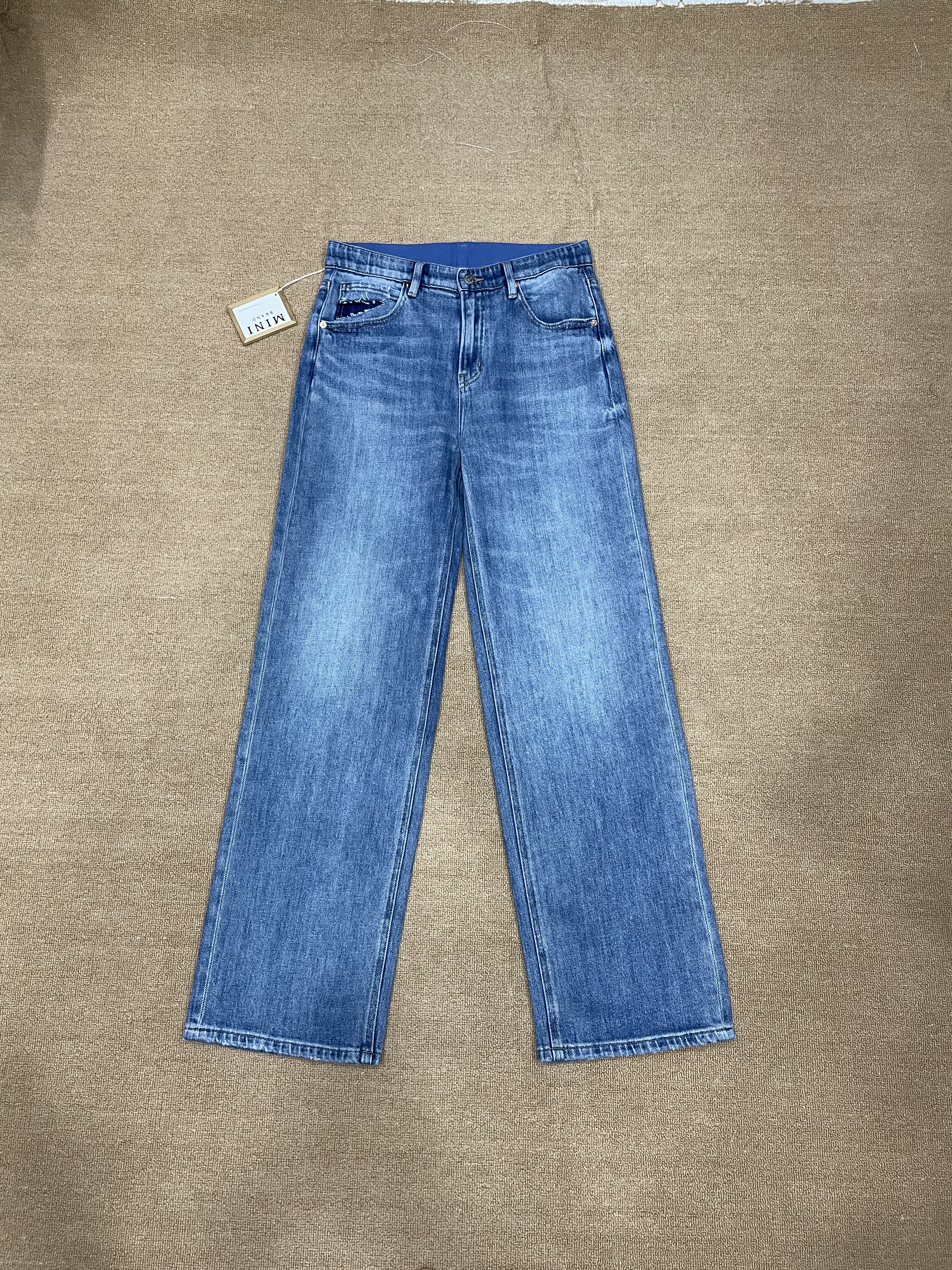 韩国 MiniBrand 蓝色宽松直筒遮肉显瘦百搭巨显腿修长简约女装裤