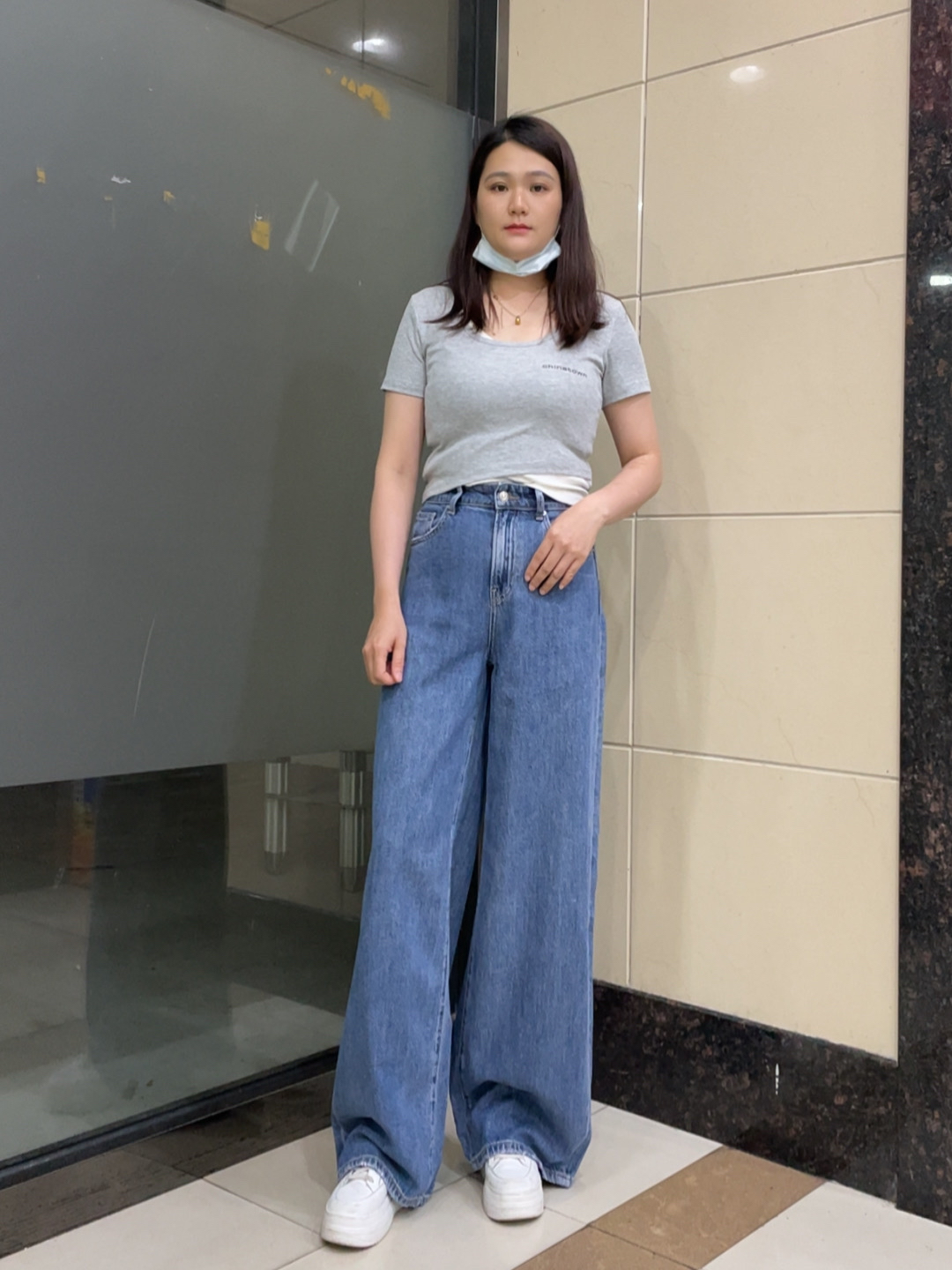 2025 韩国MiniBrand夏季蓝色薄款高腰宽松直筒简约阔腿垂直拖地裤