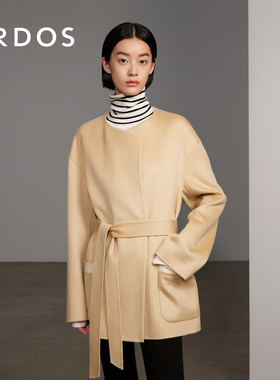 【纯羊绒大衣】ERDOS 圆领短款围裹双面女毛呢外套系带设计