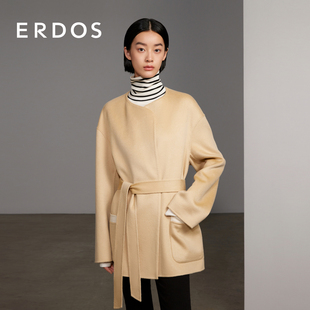 圆领短款 ERDOS 围裹双面女毛呢外套系带设计 纯羊绒大衣
