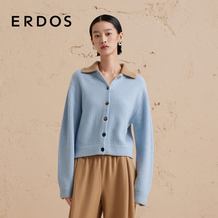 秋冬可拆卸翻领双畦针织衫 纯羊绒开衫 复古美拉蓝 女装 ERDOS