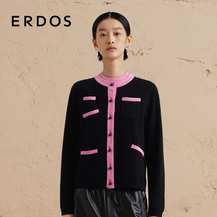 针织外套 女秋冬撞色圆领长袖 ERDOS 复古小香风羊绒开衫