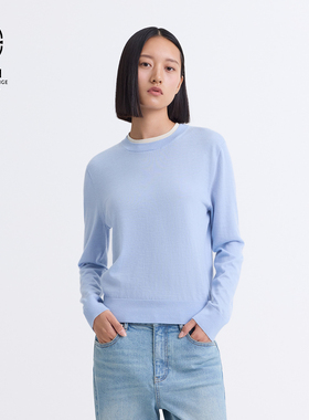 【精纺假两件羊绒衫】ERDOS 全成型蓝色圆领针织套衫25年春新品女