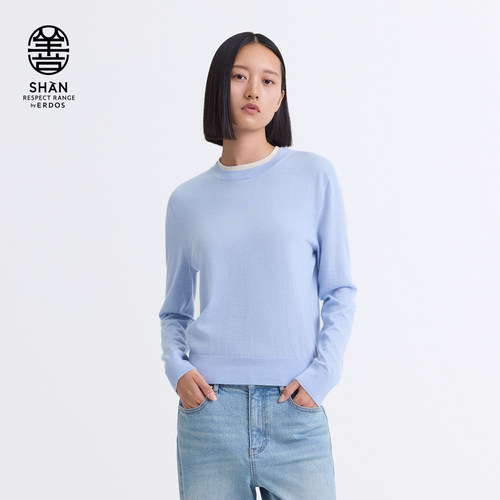 【精纺假两件羊绒衫】ERDOS 全成型蓝色圆领针织套衫25年春新品女