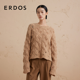 圆领翻花针织毛衣女冬驼色宽松厚款 ERDOS 羊毛羊驼毛