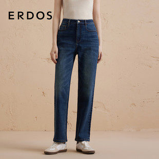 冬女棉质百搭通勤九分休闲裤 ERDOS 复古蓝色抓绒牛仔裤