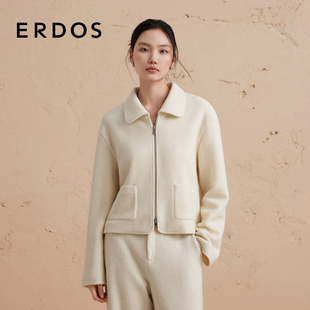 白色翻领短款 ERDOS 夹克女秋冬简约通勤百搭上衣 纯羊毛外套