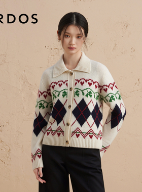 【菱形格提花羊绒衫】ERDOS 翻领宽松厚款针织开衫毛衣冬女