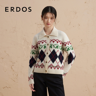 针织开衫 翻领宽松厚款 ERDOS 毛衣冬女 菱形格提花羊绒衫