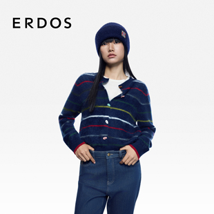 圆领夹条女士保暖开衫 ERDOS 费尔岛提花羊绒拉绒外套25年秋冬新品